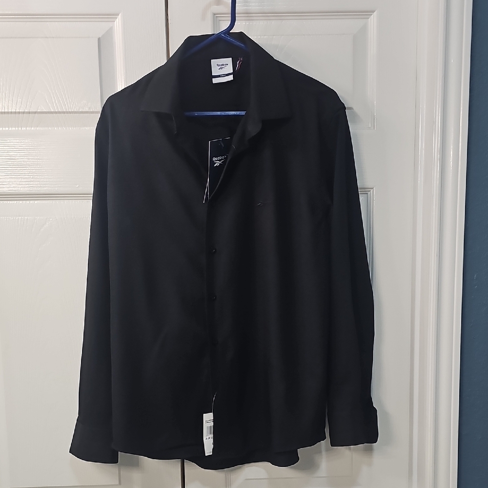 New Reebok Long Sleeve Moisture Wicking Slim Fit Dress Shirt Black Men's Large